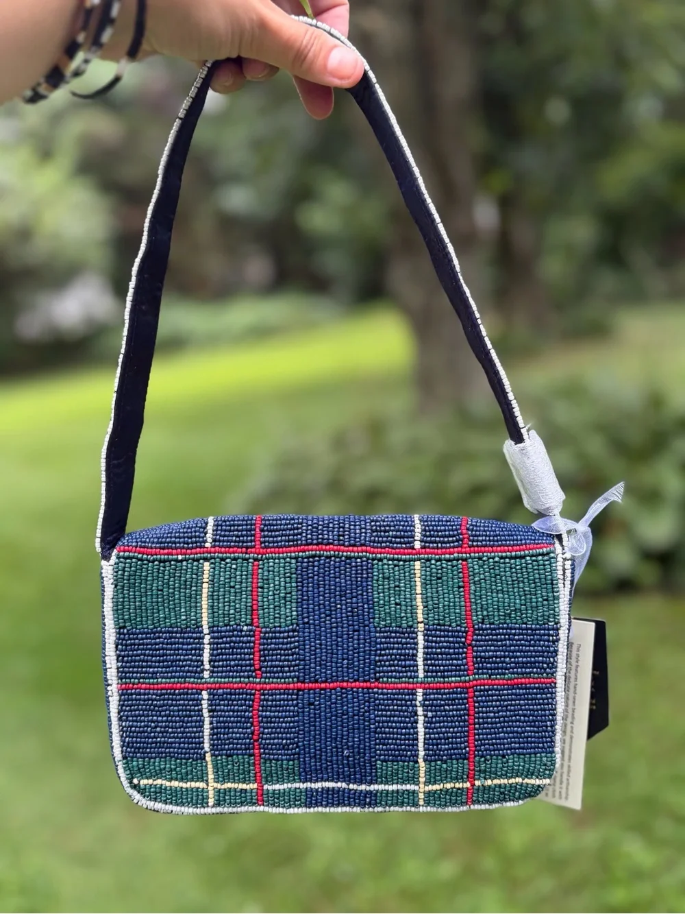 NWT: VIRAL TikTok Beaded Bag Plaid Teddy Bear in Knit Sweater. From India to You